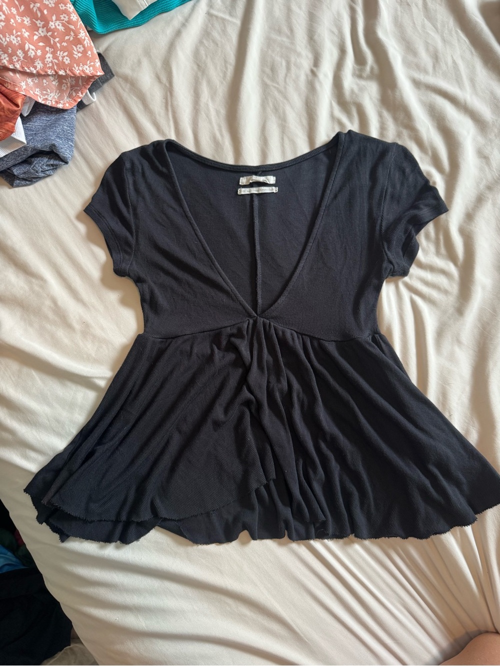 Black V-Neck Peplum Short Sleeve Top - Women